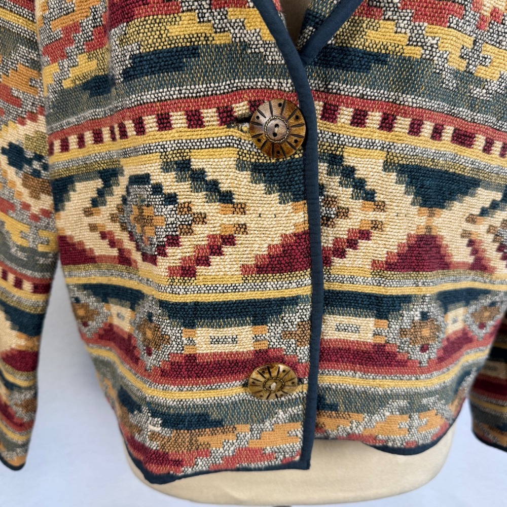 Southwestern Geometric Tapestry Blazer Jacket Womens Small Button Front Retro - Picture 3 of 12